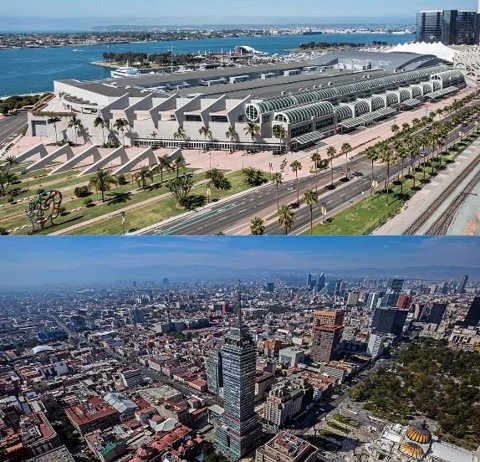 An aerial split-view of the San Diego Convention Center waterfront and the dense urban landscape of Mexico City.