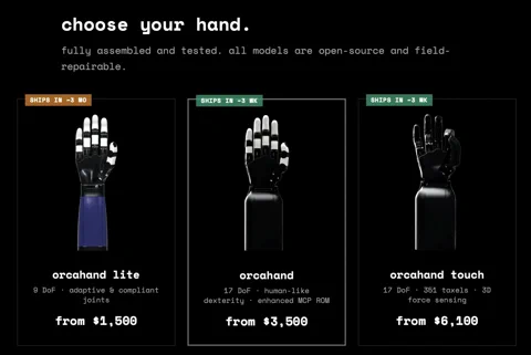A product shot from the ORCA Dexterity website showing the three new robotic hand models.