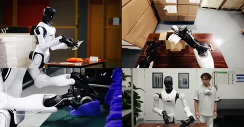 A collage showing AGIBOT humanoid robots performing various tasks like folding laundry and working in a warehouse.